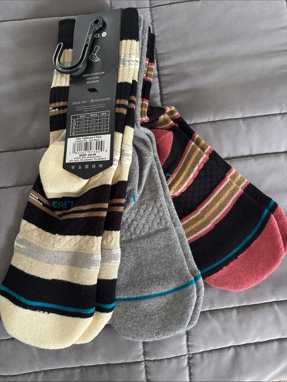 Stance Kid’s Casual Socks Size L - Black, Gray, Cream, Coral & Teal Accents